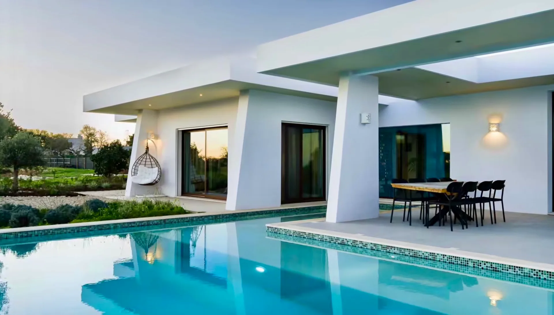 Villa Porches facade and covered outdoor seating in daylight