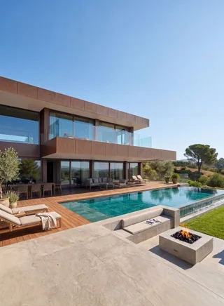 Rendering of the pool terrace and glazed villa facade at Palmares — LT73