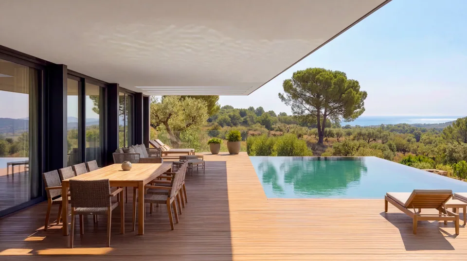 Rendering of the covered outdoor dining terrace beside the pool at Palmares — LT73, Lagos