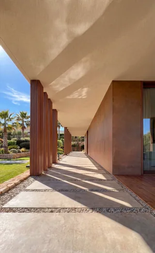 Rendering of the shaded colonnade beside the villa at Palmares — LT73, Lagos