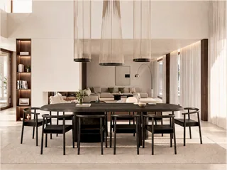 Interior rendering looking from the dining table towards the living room at Palmares — LT73, Lagos