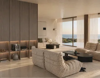 Interior rendering of the living room facing the sea at Palmares — LT73, Lagos