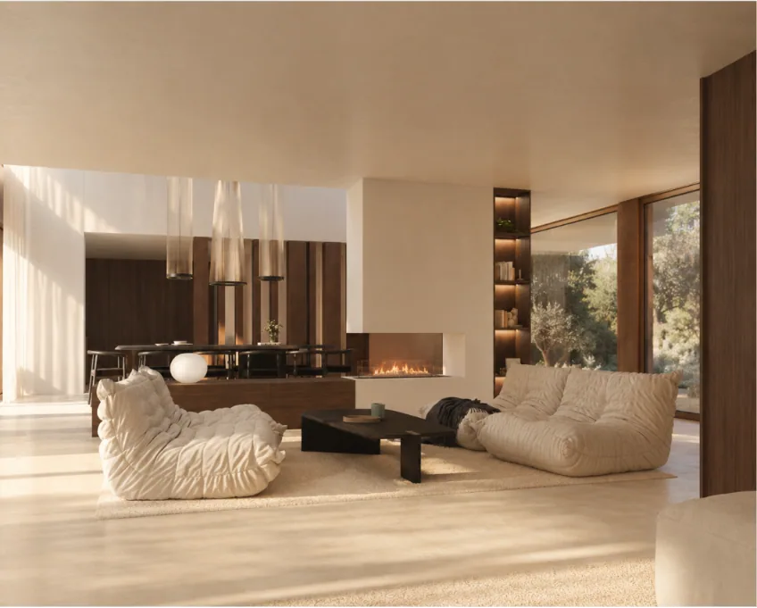 Interior rendering of sofas around the fireplace at Palmares — LT73, Lagos
