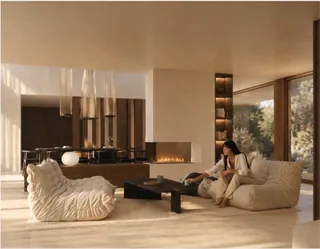 Interior rendering of the living room and fireplace from another angle at Palmares — LT73, Lagos
