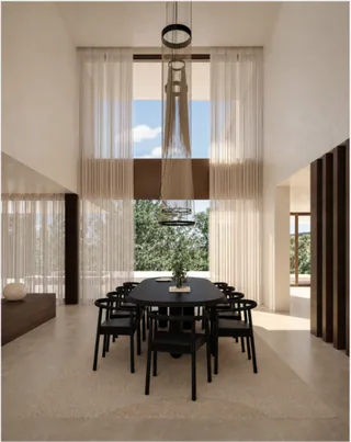 Interior rendering of the double-height dining room at Palmares — LT73, Lagos