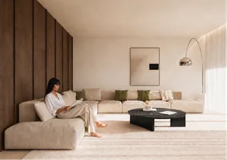 Interior rendering of the timber-panelled living room at Palmares — LT73, Lagos